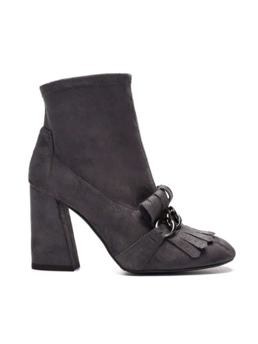 Stuart Weitzman Black Suede Ankle Boots with Fringe and Chain Detail, Size 9.
